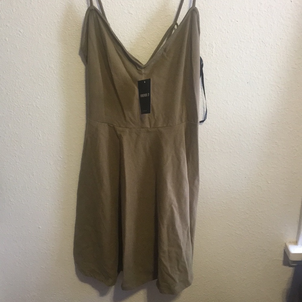 Olive green strappy skater dress.